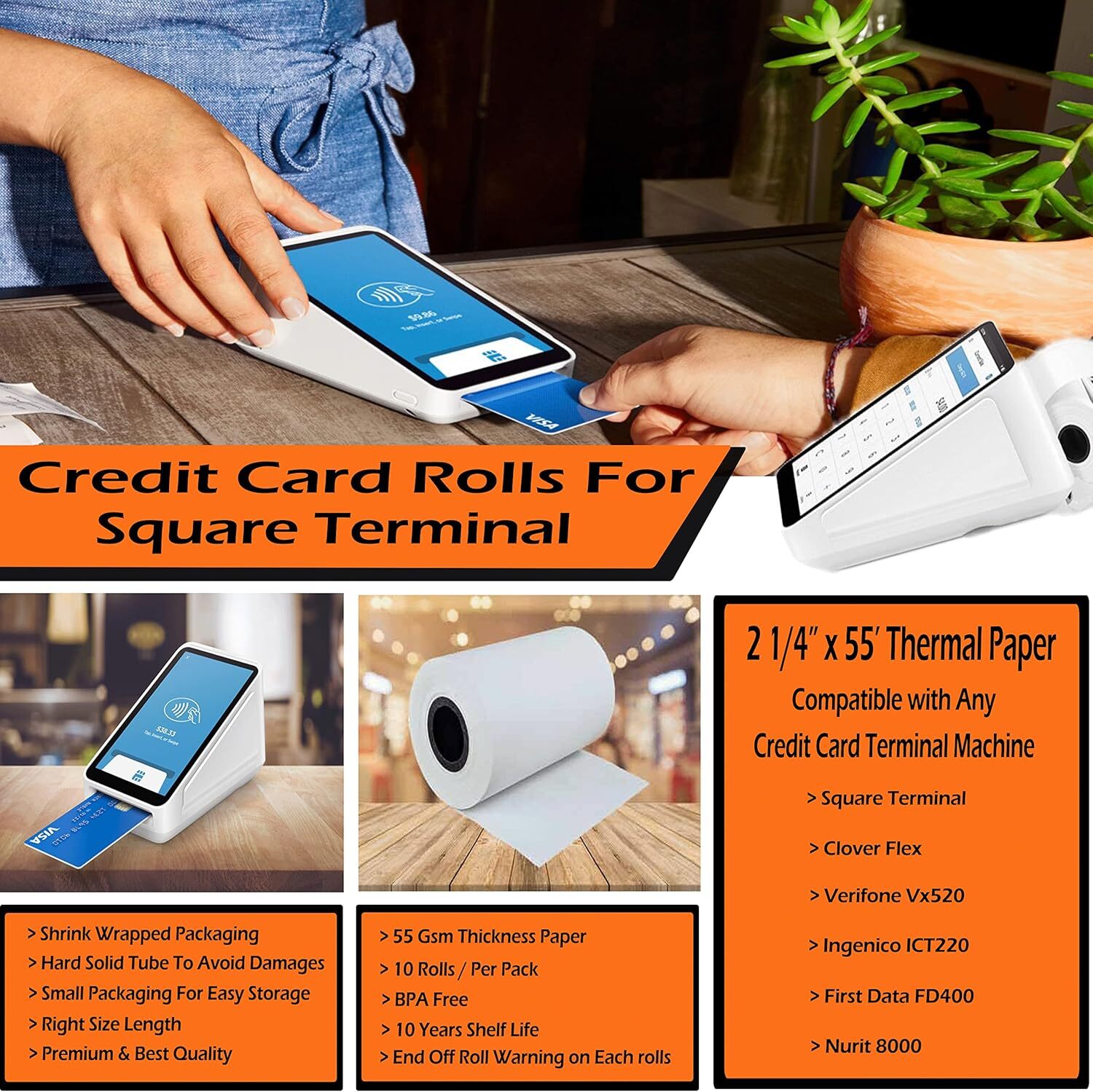 Receipt Paper Roll for Square Terminal Credit Card Machine 2 1/4 x 55 (10…