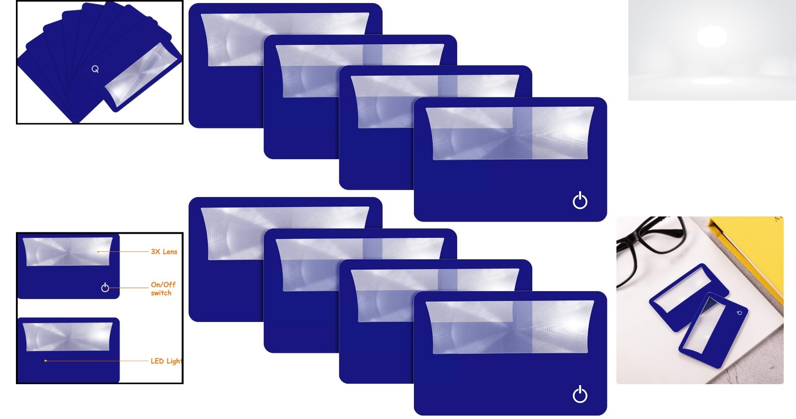 Credit Card Magnifier 8 Pack 3X LED Lighted Pocket Lens Blue Wallet Size Port…