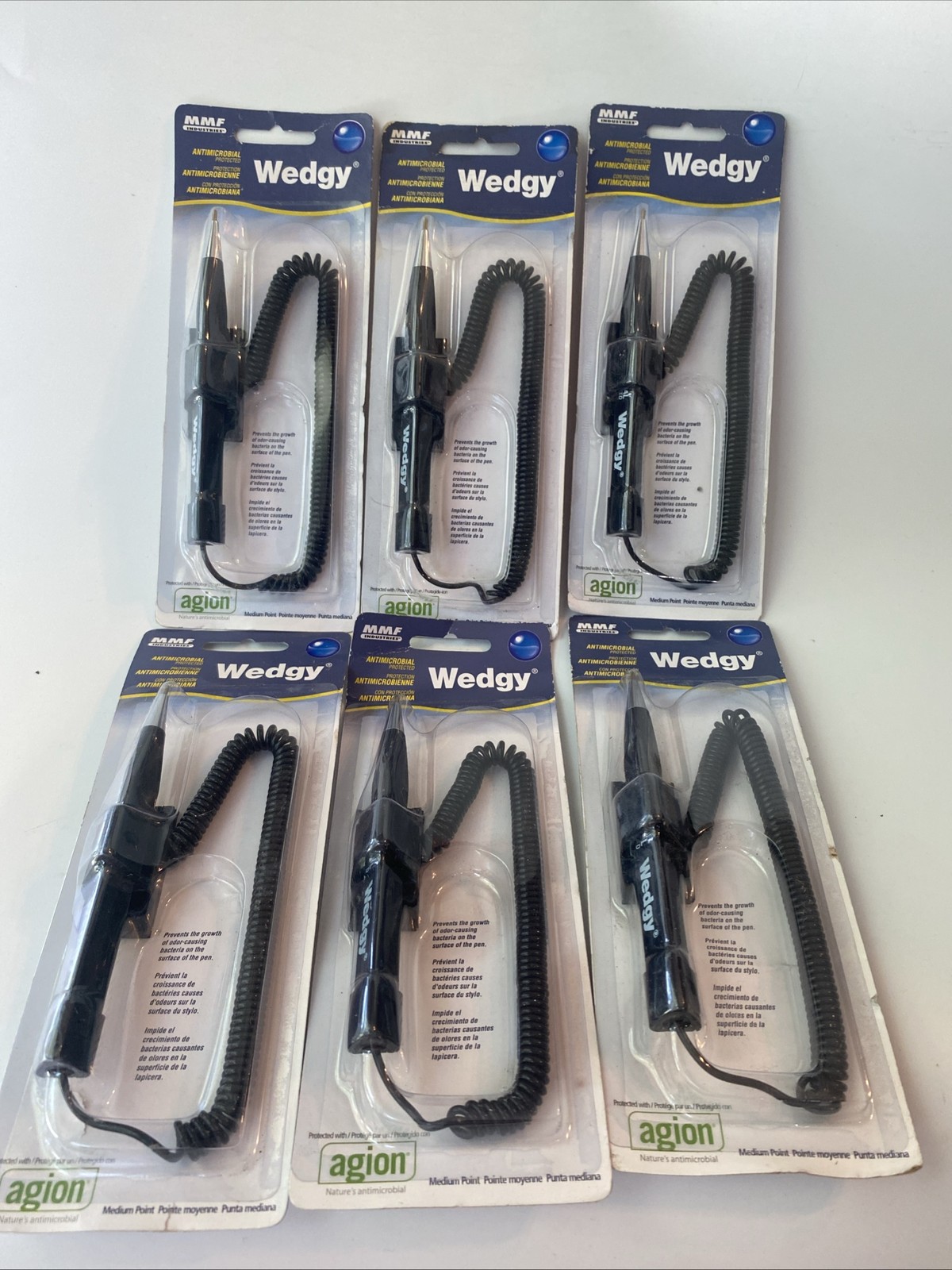 Secure Counter Pen MMF Square Base Wedgy Coil Security Lot Of 6 Blue Ink