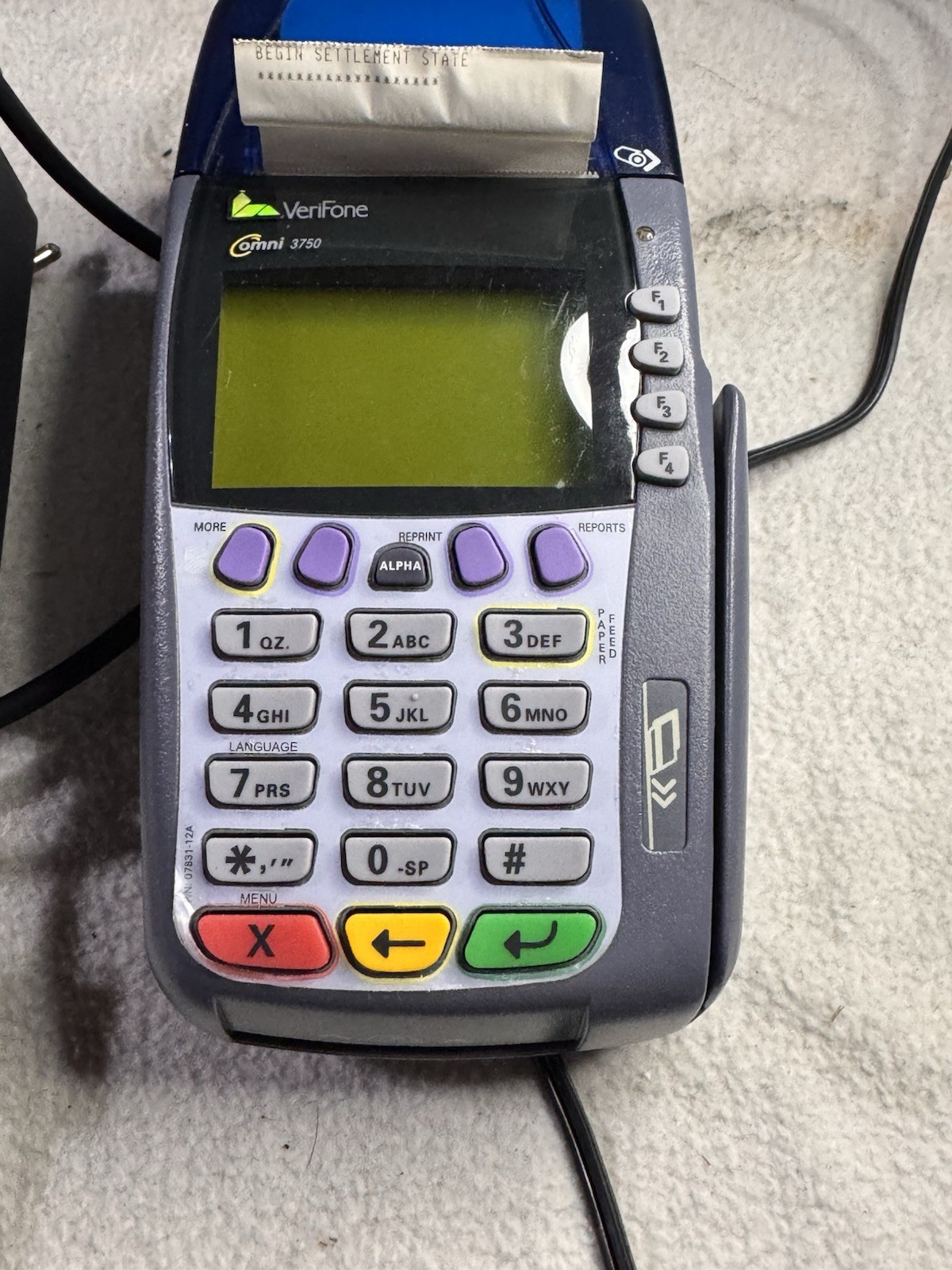 Verifone Omni 3750 Gray & Blue Wired Digital POS W/ Ethernet Cable + Paper Roll
