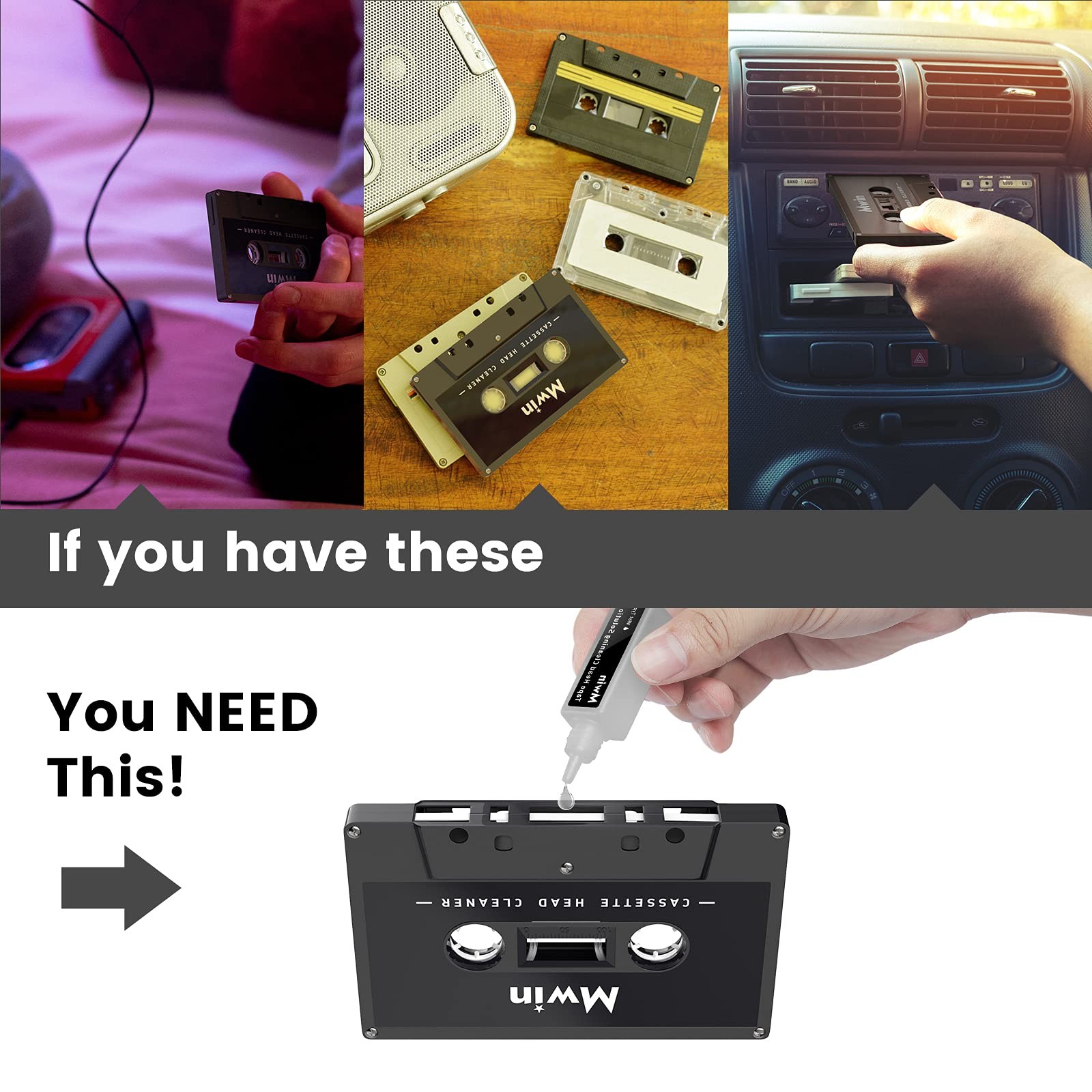 Mwin Audio Cassette Head Cleaner Tape w/ 1 Cleaning Fluids Care Wet…