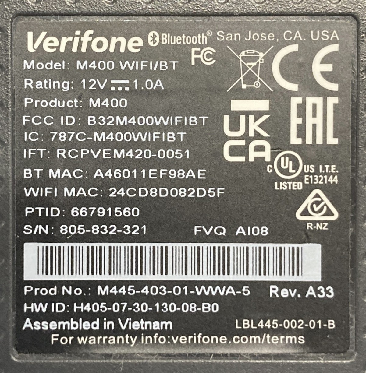 Verifone M400 Credit Card Terminal M445-403-01-WWA-5 (Unit Only)