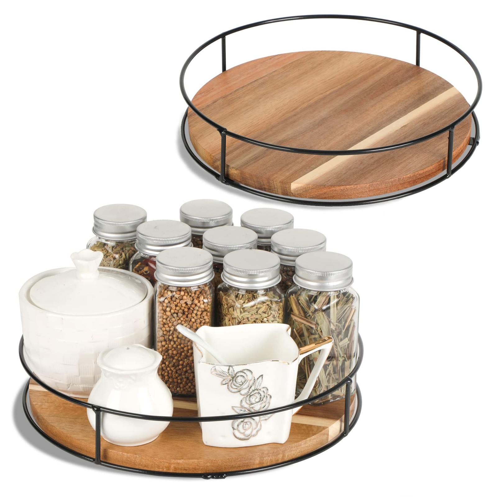 [ 2 Pack ] 9″ & 10″ Acacia Wood Lazy Susan Organizers with Steel Sides 9″ & 10″