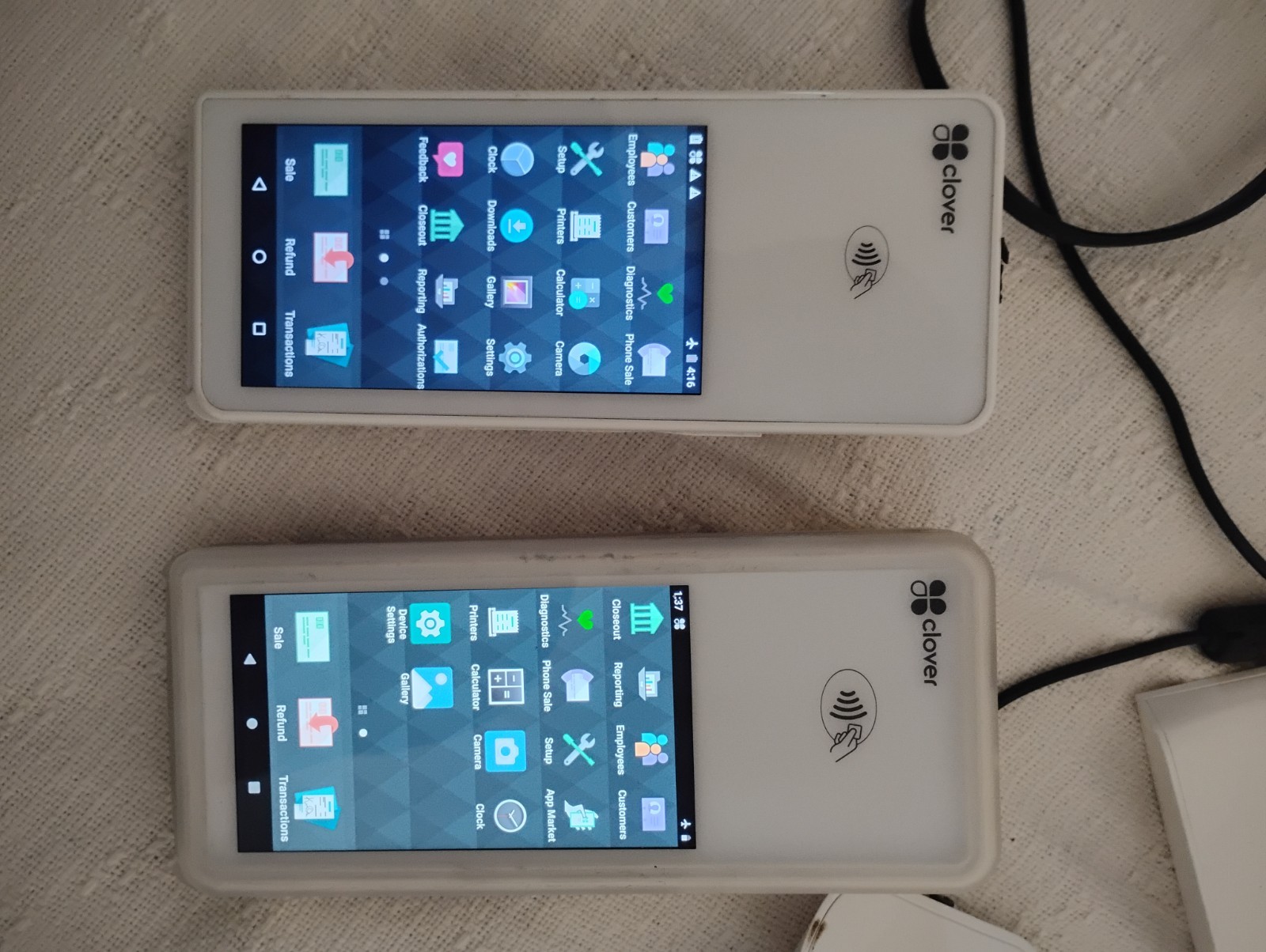 Clover Flex POS Credit Card Terminals Lot of 2 w/ Chargers & Charging Docks