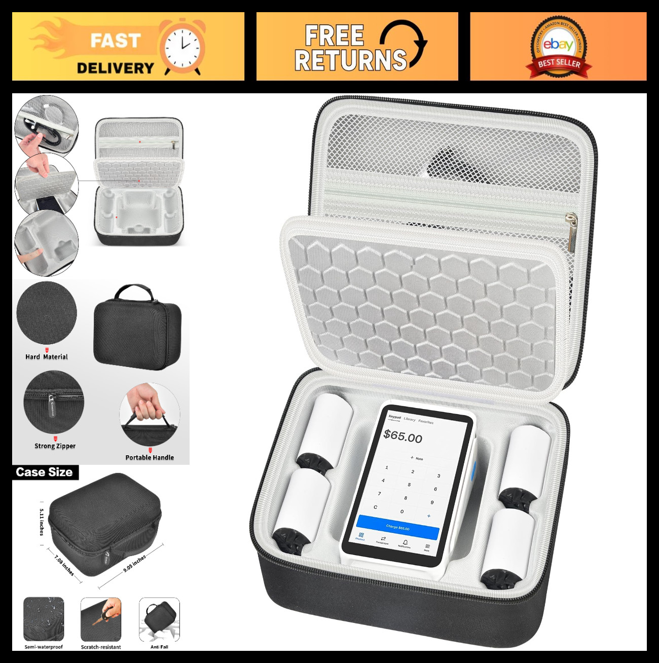 Mobile POS Machine Case for Square Terminal Reader, Charger & 5 Receipt Rolls Ho
