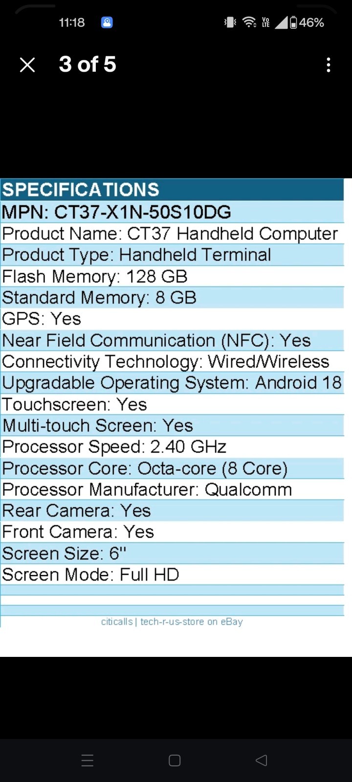 Honeywell CT37-X1N-50S10DG CT37 Handheld Computer – 5G, 4G, 3G, LTE, UMTS, HSPA+