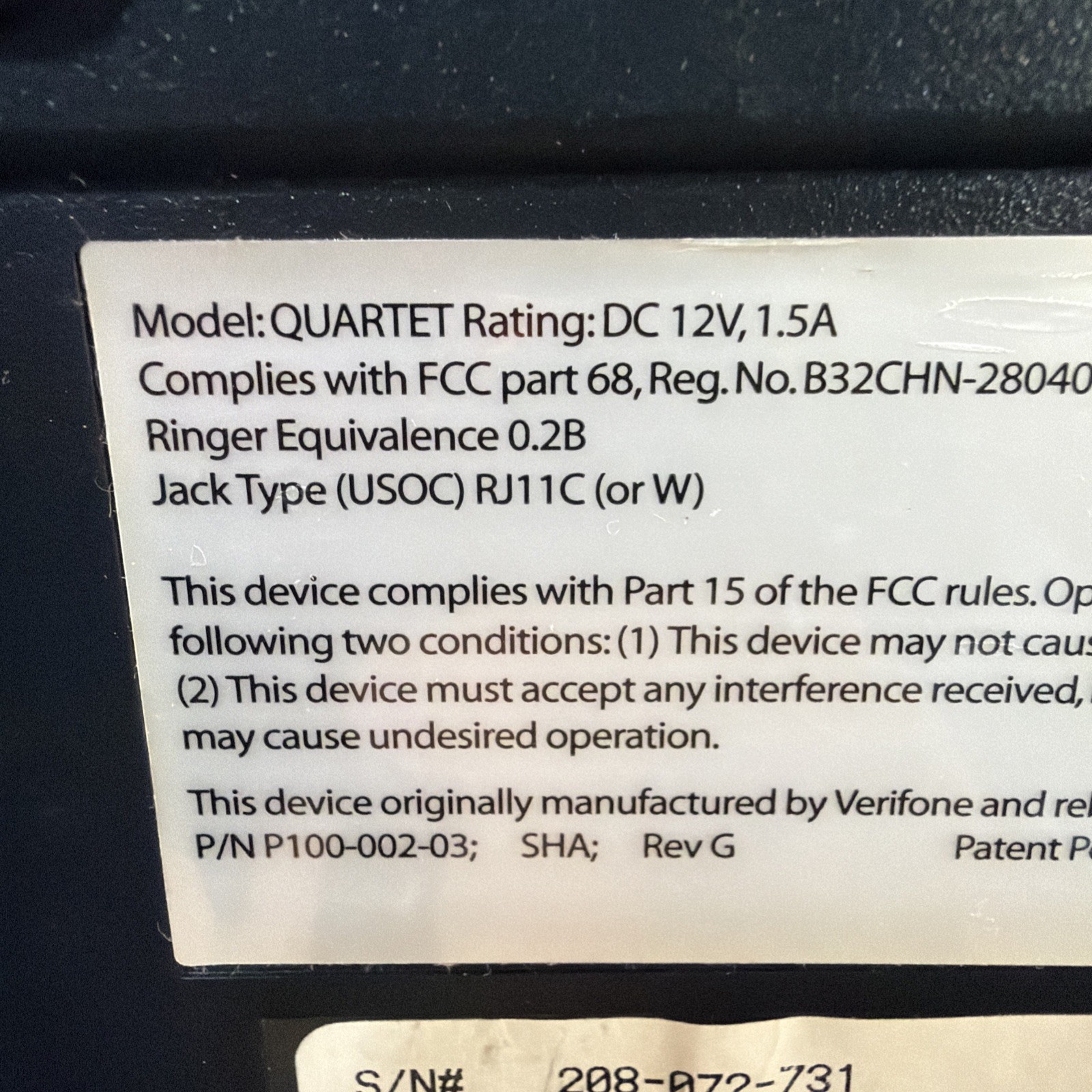 Verifone Eclipse Quartet POS Credit Card Check Terminal P100-002-03 TeleCheck