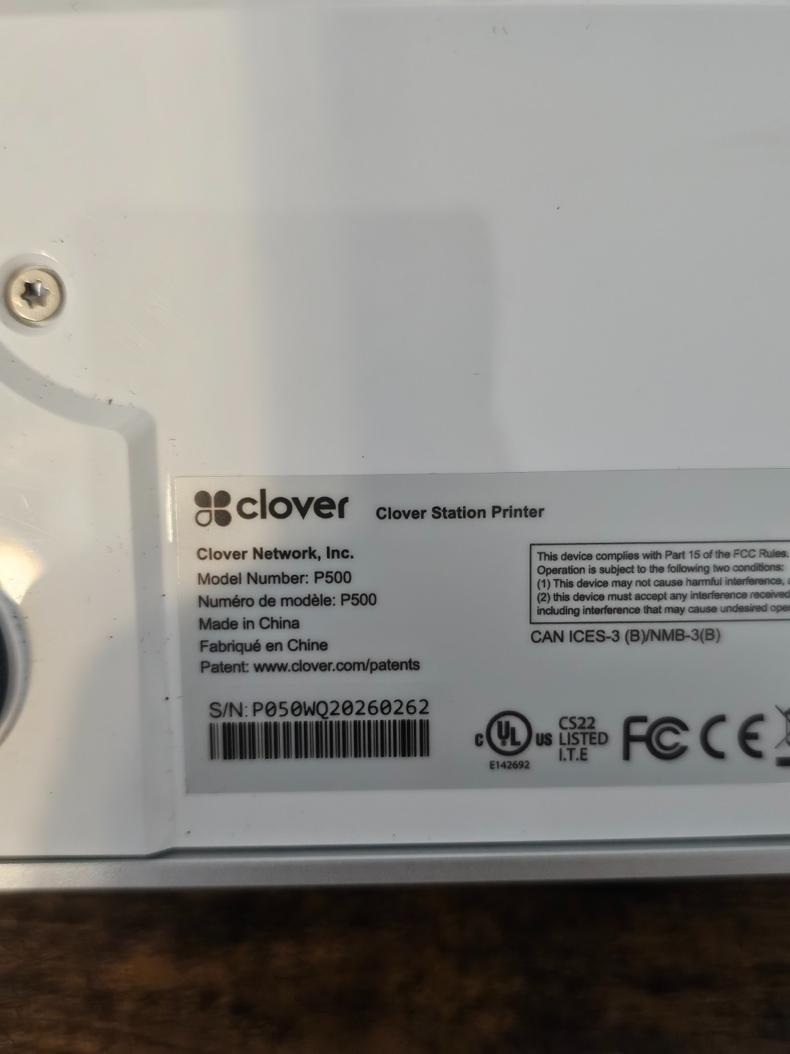 Clover Station Printer P500 POS Thermal Receipt Printer w/ Power Cable Tested