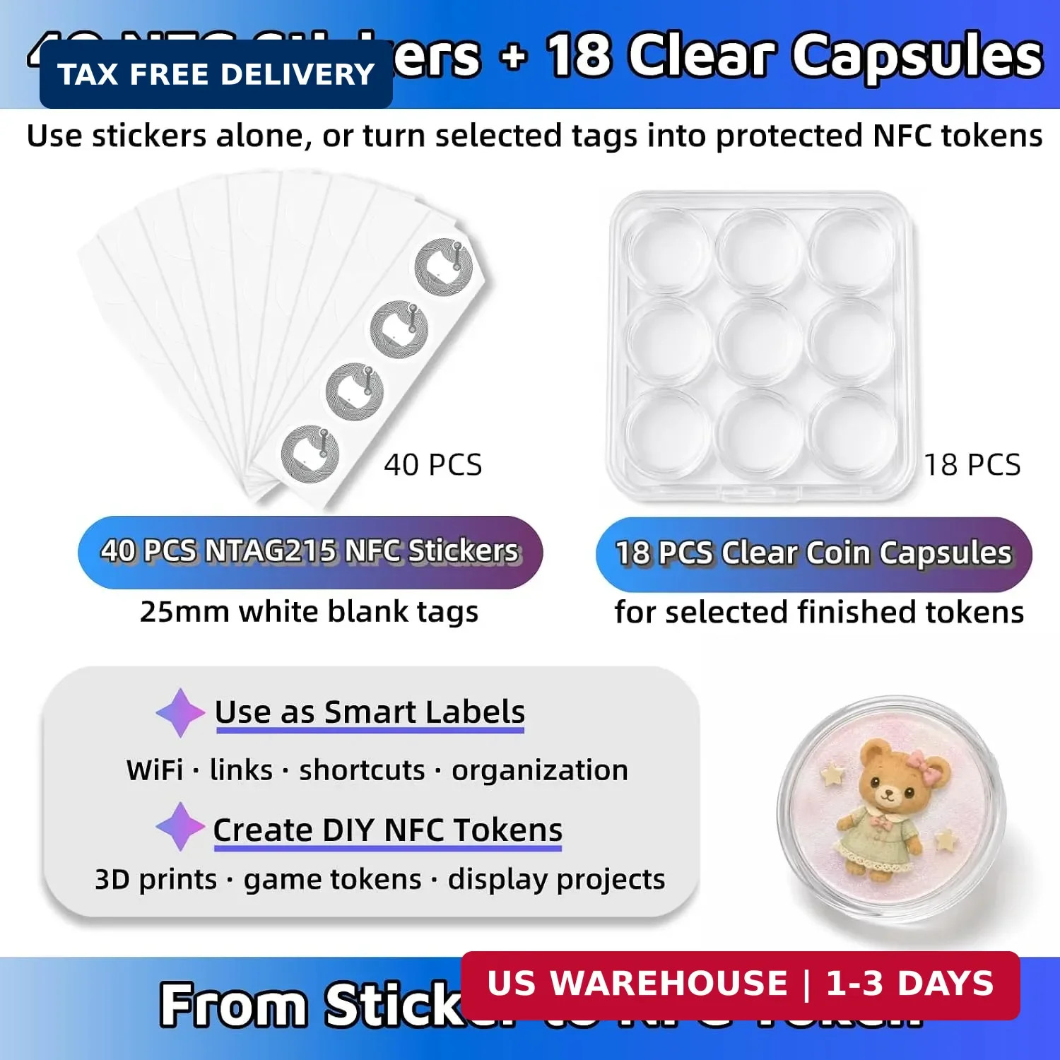 NTAG215 NFC Tags for 3D Printing, 40 PCS 25mm White Blank Programmable NFC Stick
