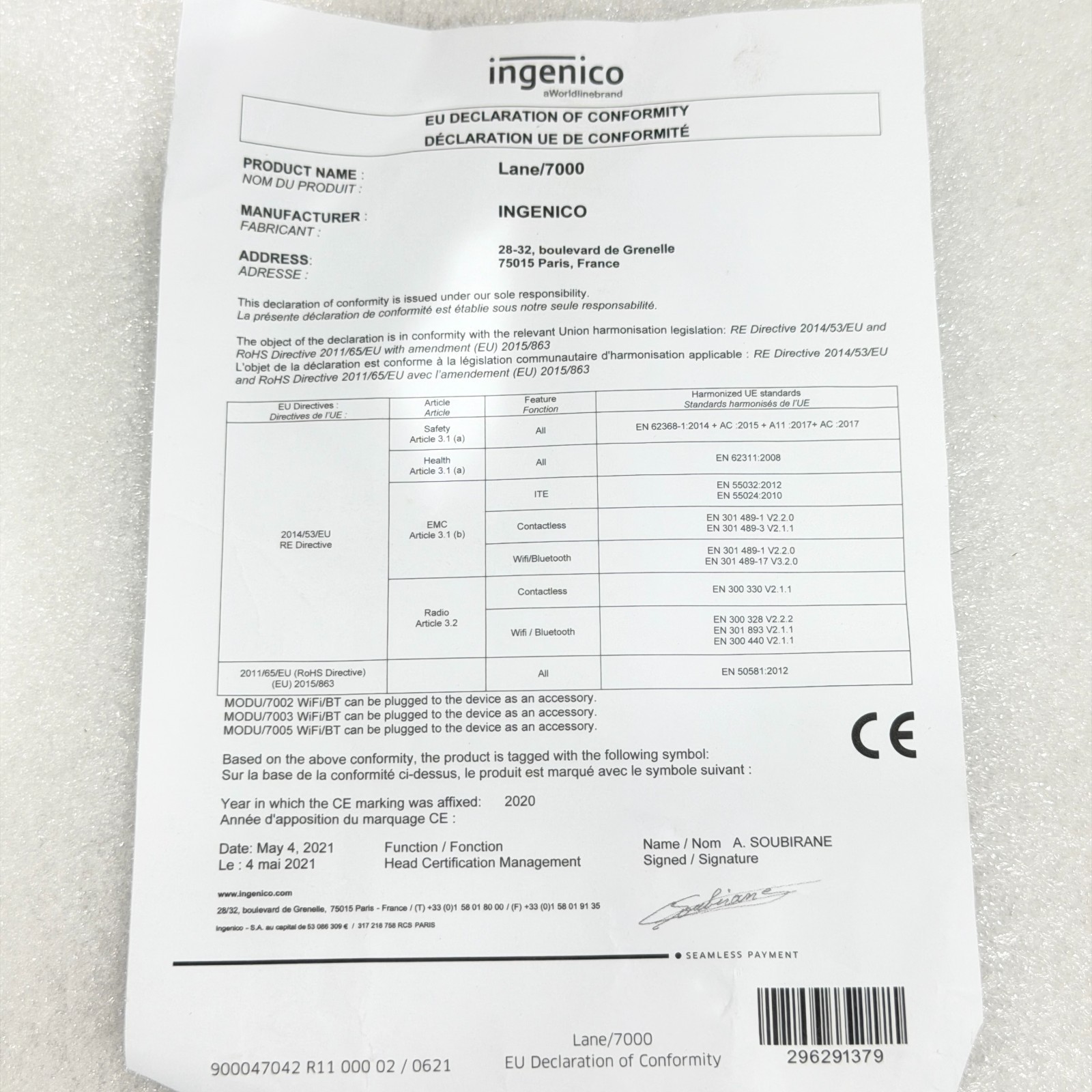 INGENICO LANE/7000 CUSTOMER PAYMENT TERMINAL PIN PAD POS READER