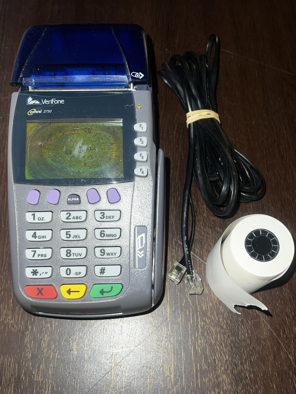 Verifone Omni 3750 Gray & Blue Wired Digital POS W/ Ethernet Cable + Paper Roll