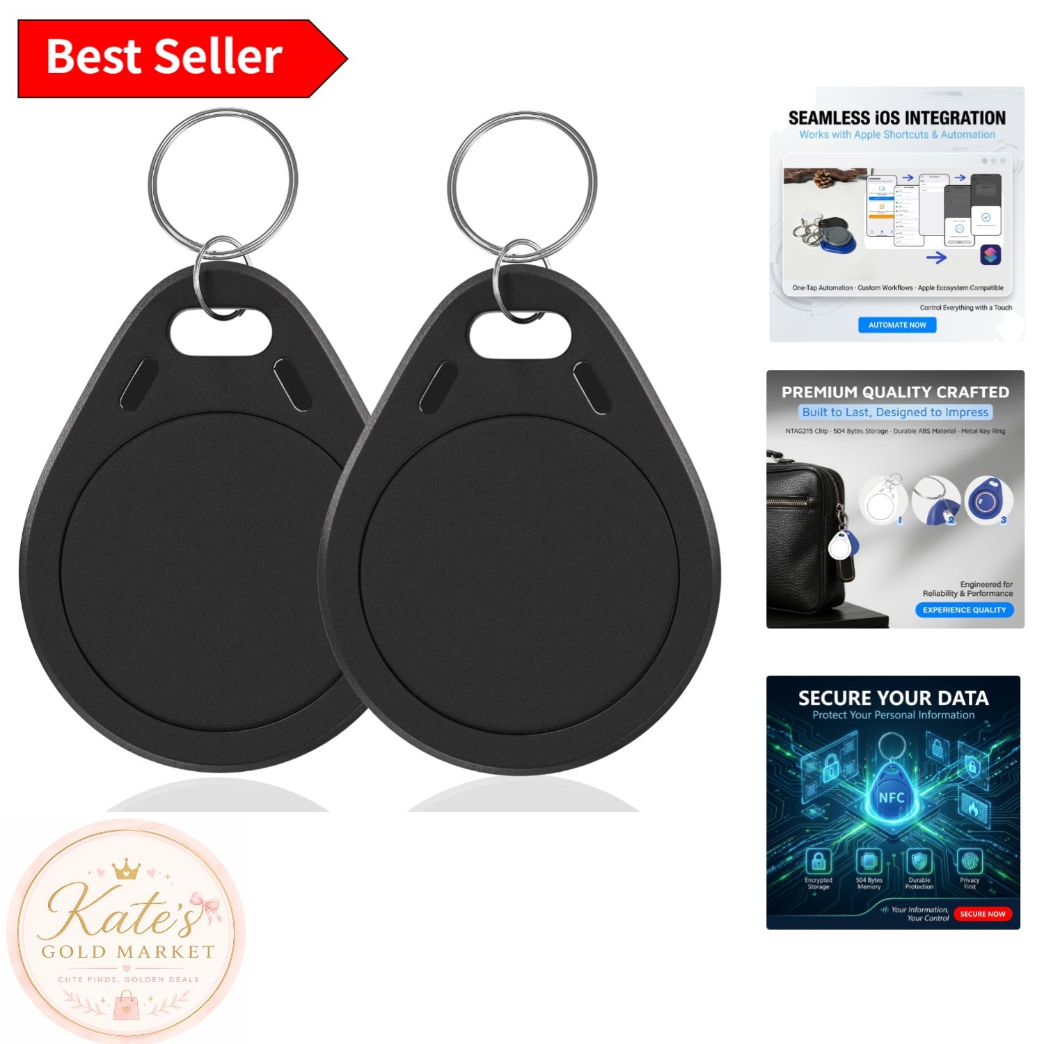 Pack of 2 Durable Black NFC Tags – Conveniently Rewritable with Keychain