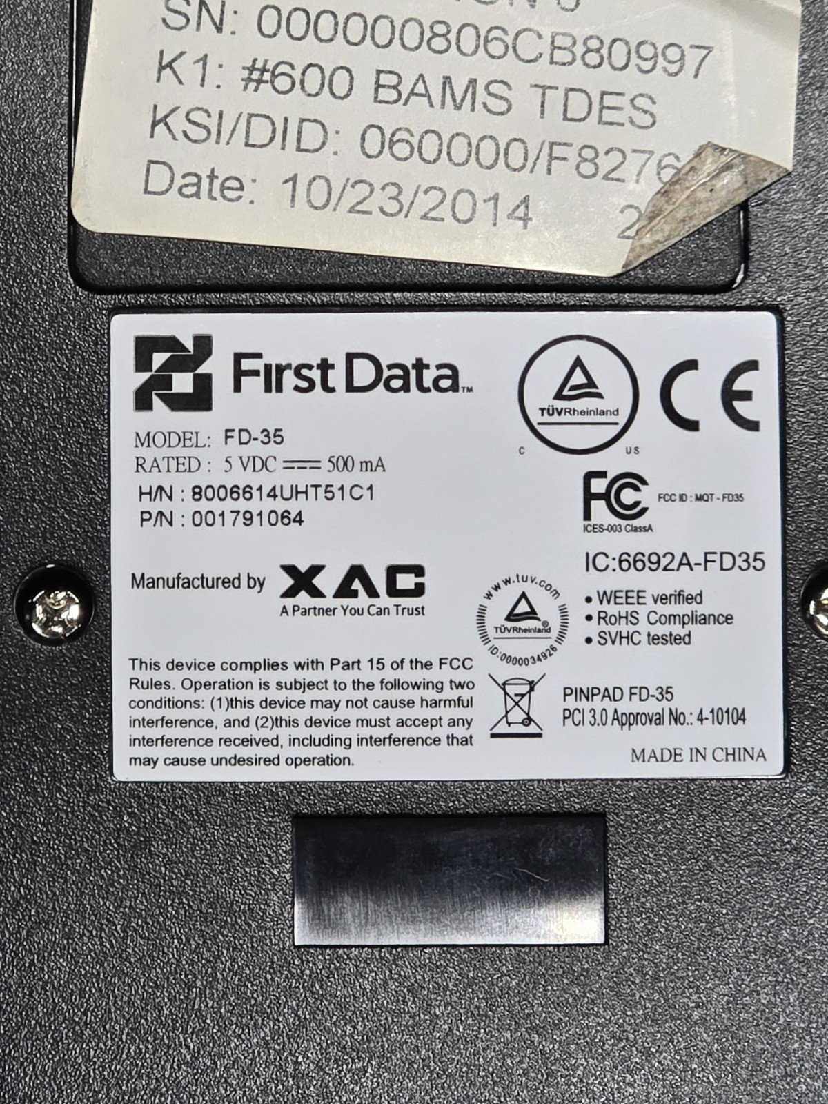 First Data Fd-35 Pin Pad Card Reader