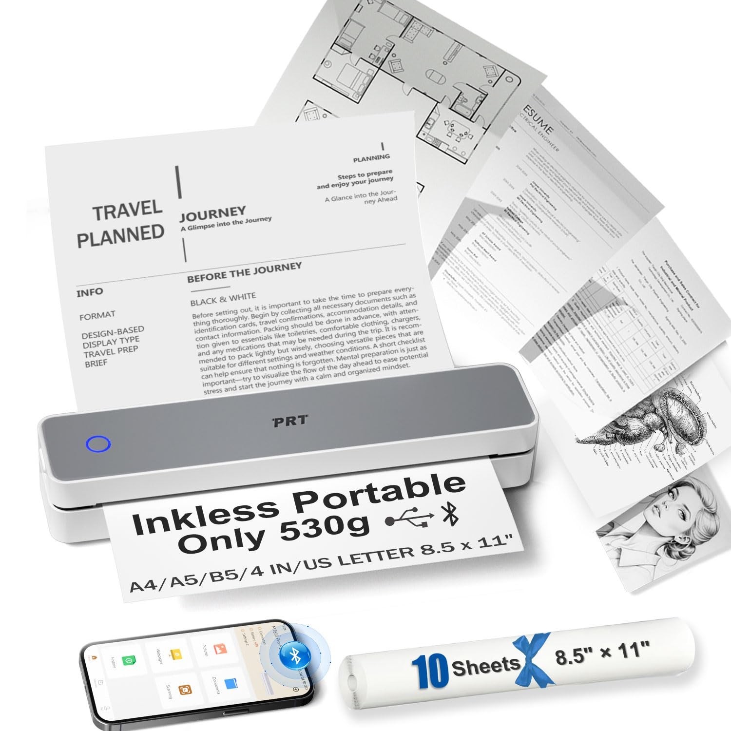 PRT Inkless Portable Printer for Travel, Wireless Thermal Printer Support 8.5…