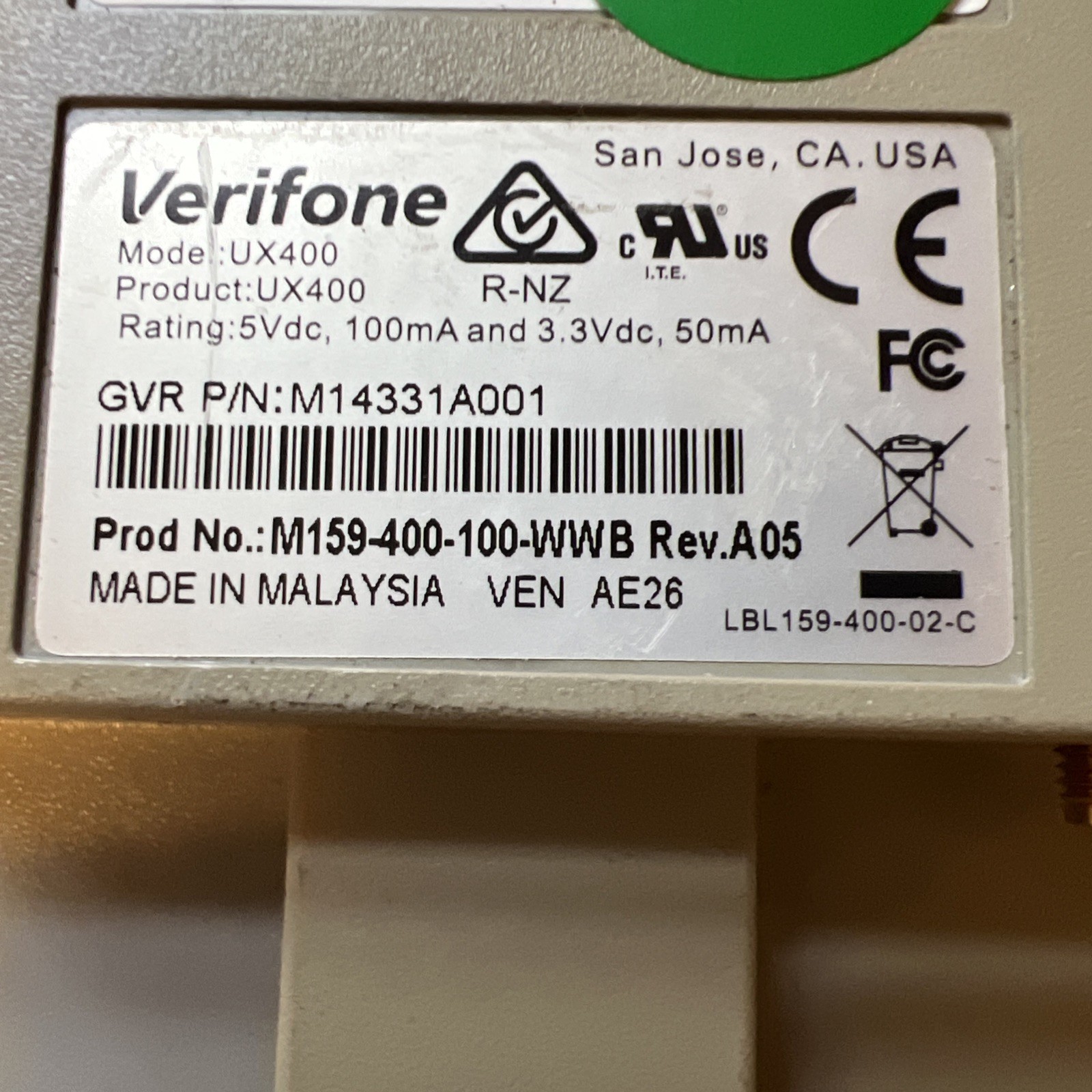 Verifone Contactless Tap Card Reader UX400 M159-400-100-WWB Rev A05 UNTESTED