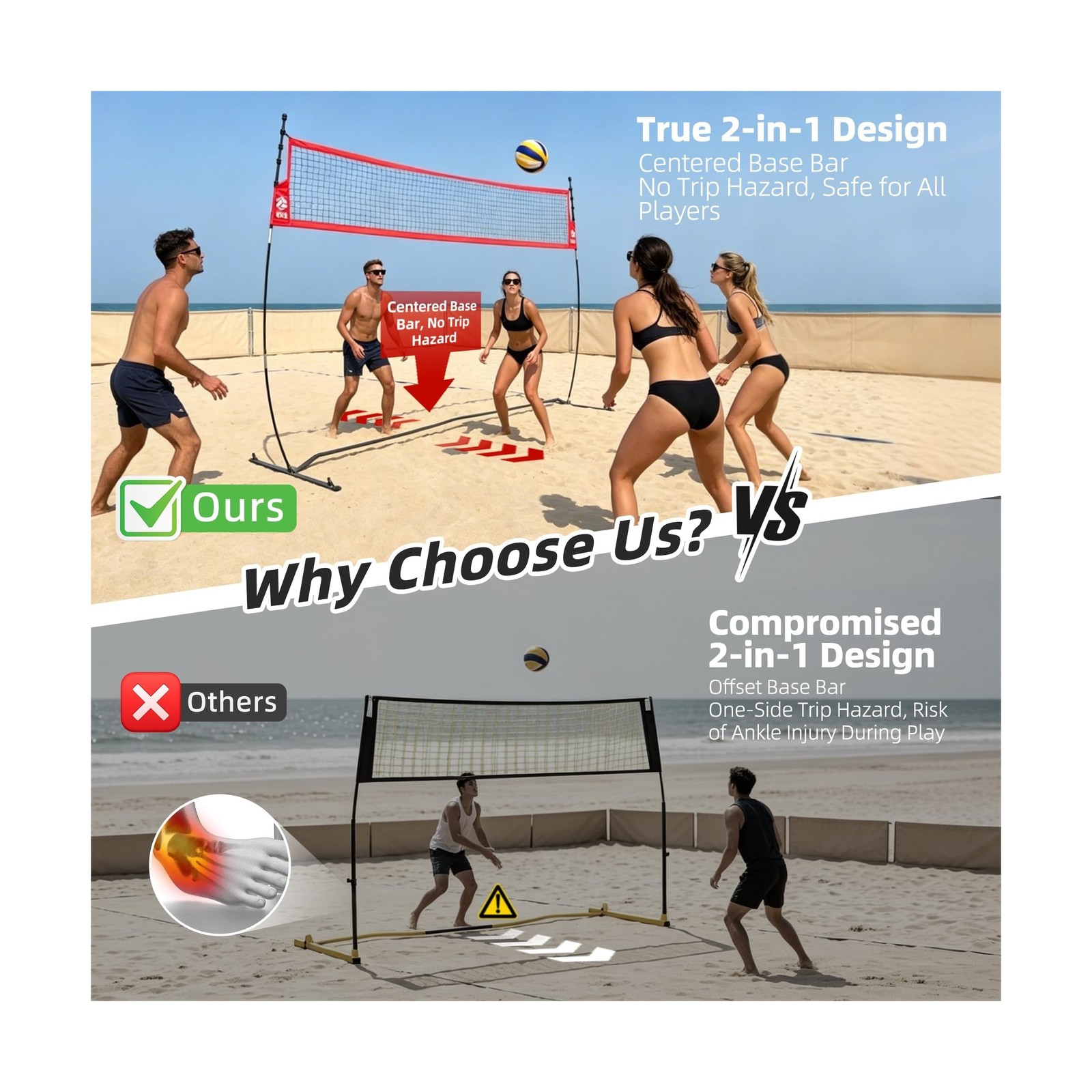 2-in-1 Volleyball Practice Net Station with Patented 5-Height (6’6” to 8′), …