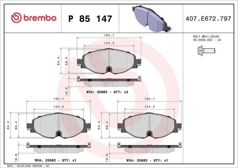Brake Pad Set, Disc Brake BREMBO P85147 (1 Set – 4 Pieces)