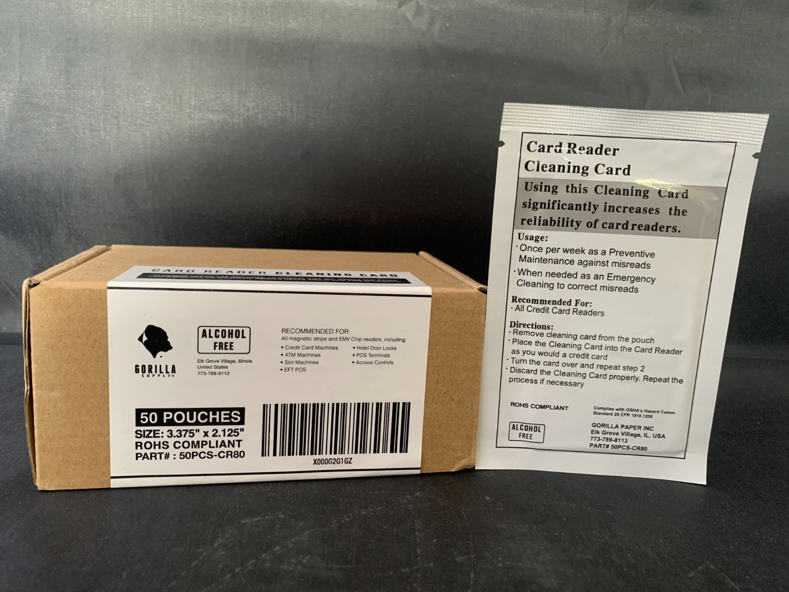 CR80 Card Reader Cleaning Cards 50 Pouches EMV POS Credit Card Gorilla Supply