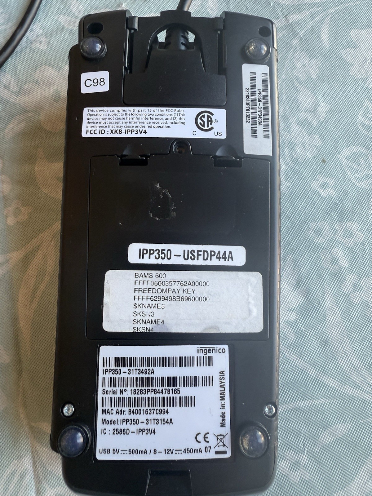 Ingenico iPP350 Credit Debit Card Reader With Power Cord Used