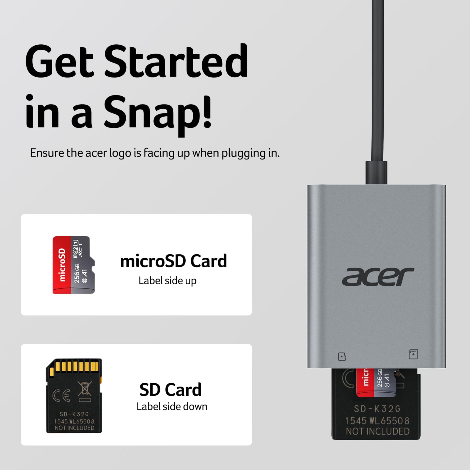 Acer SD Card Reader, USB A 3.0 to Micro Memory Card Reader, Aluminum Dual Slo…