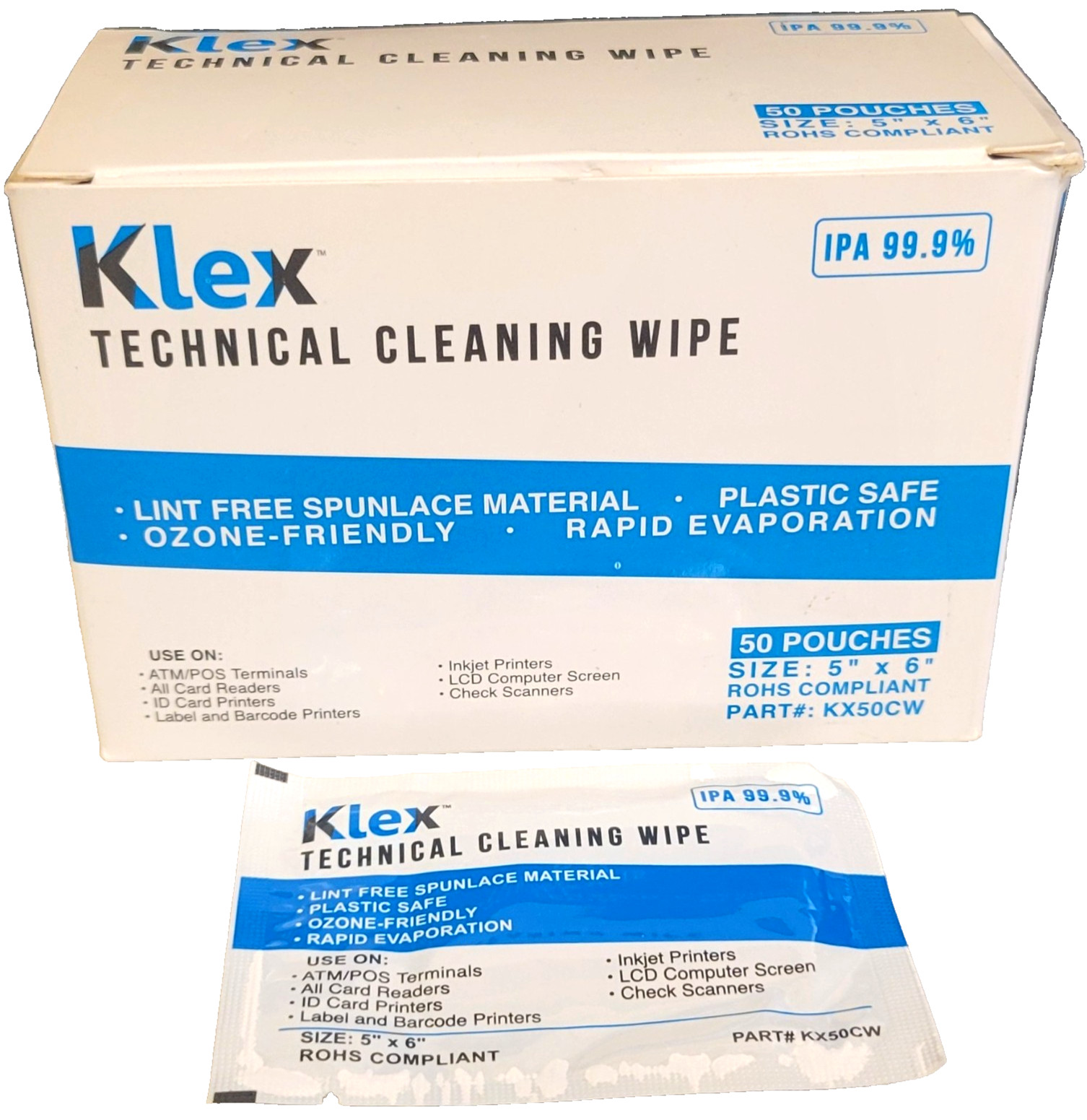49 Klex 5″ x 6″ Lint-Free CLEANING WIPES For Credit Card POS ATM Reader 99+% IPA