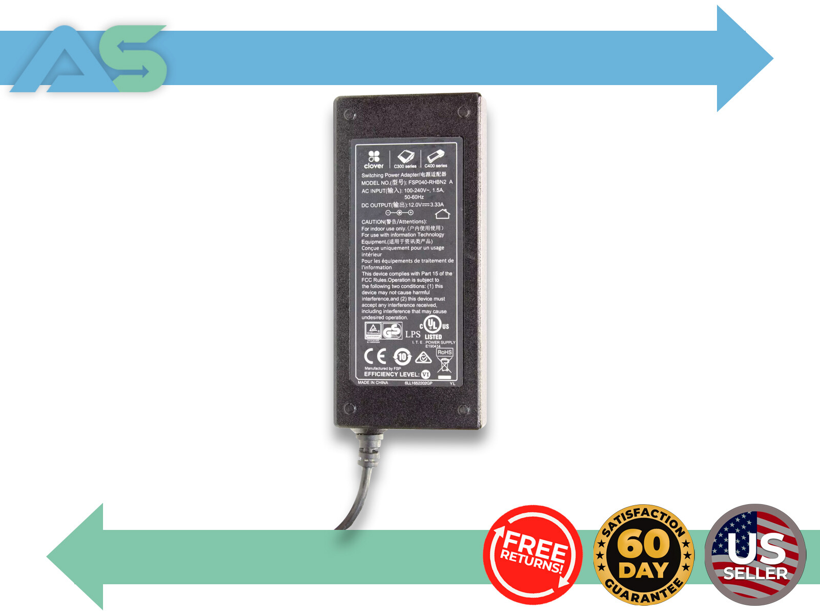 OEM Clover FSP040-RHBN2 12V 3.33A Power Supply Adapter for C300 C400 POS
