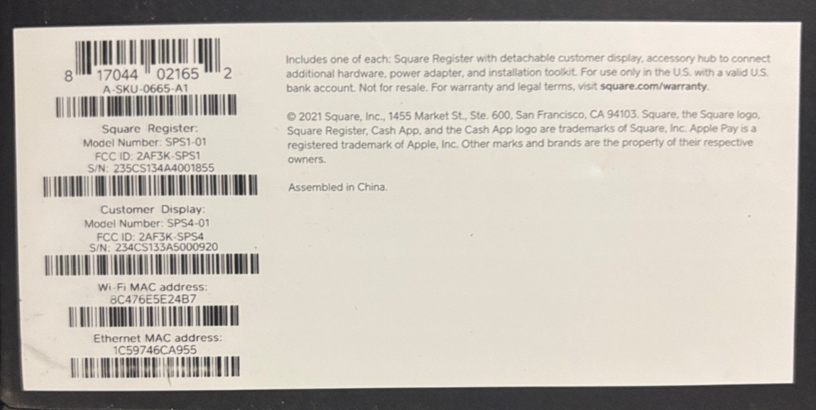 Square Register SPS1-01 POS System Mode# SPS4-01 A-SKU-0665-A1