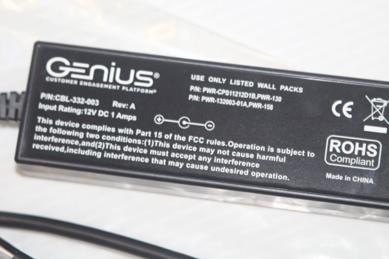 Genius Customer Platform CBL-332-002 Power Injector Supply Ethernet Verifone