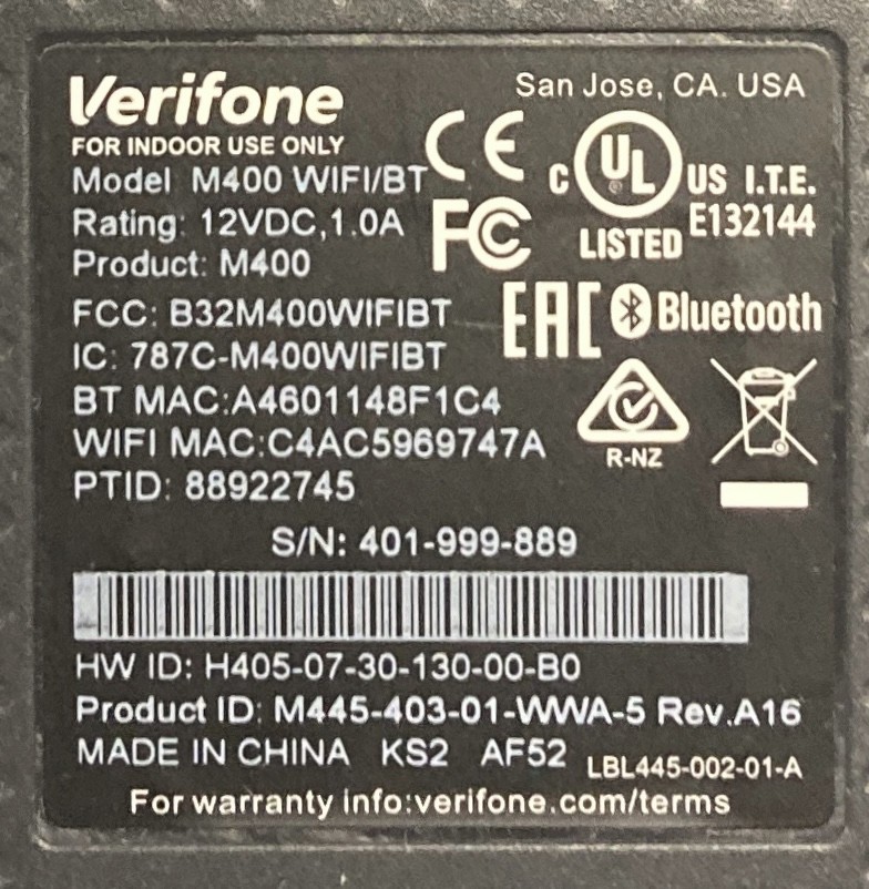 Verifone/Adyen M400 Credit Card Terminal M445-403-01-WWA-5 (As Is, Unit Only)