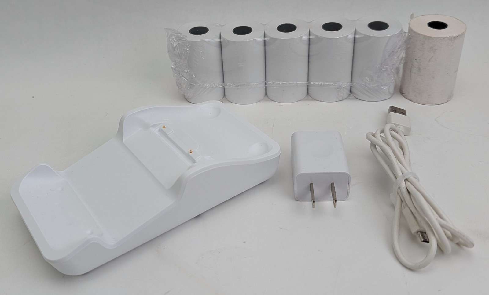 New, Open Box, PAX L920-BC Charging Dock with USB AC Adapter & 6 Rolls of Paper