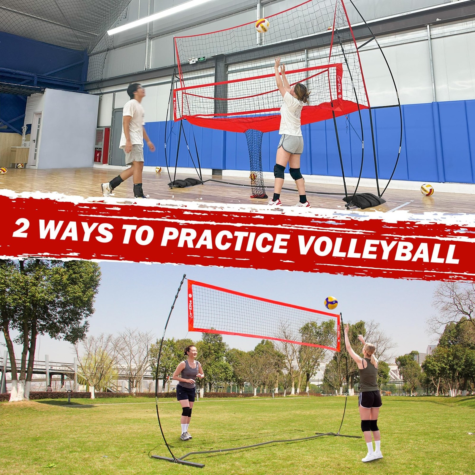 2-in-1 Volleyball Practice Net Station with Patented 5-Height (6’6” to 8′), …
