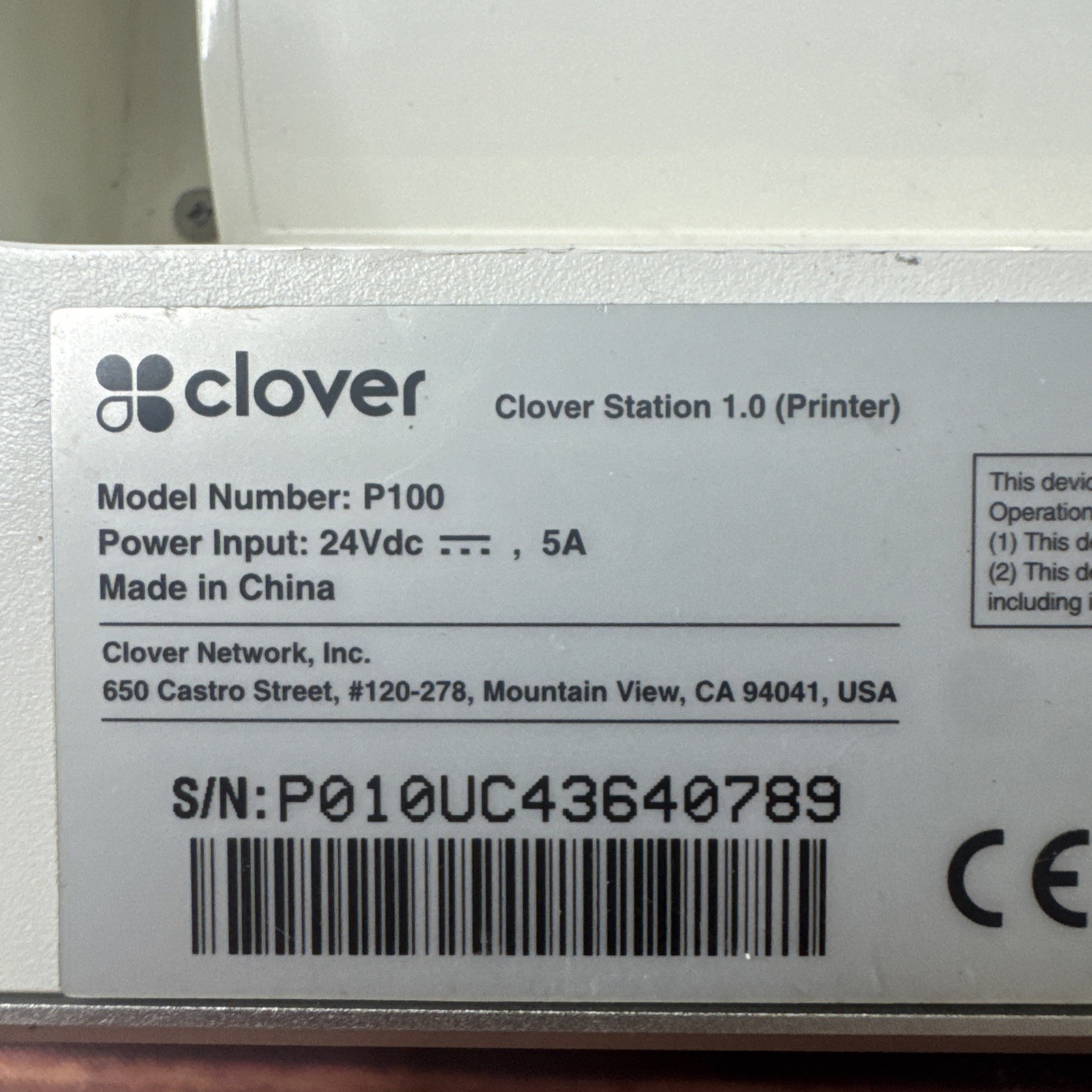 Clover Station 1.0 Printer (P100) / POWER SUPPLY NOT INCLUDED – Untested