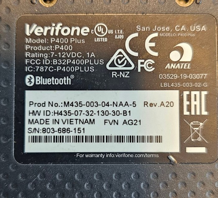 Verifone P400 Plus PIN Pad M435-003-04-NAA-5 With Power Cord