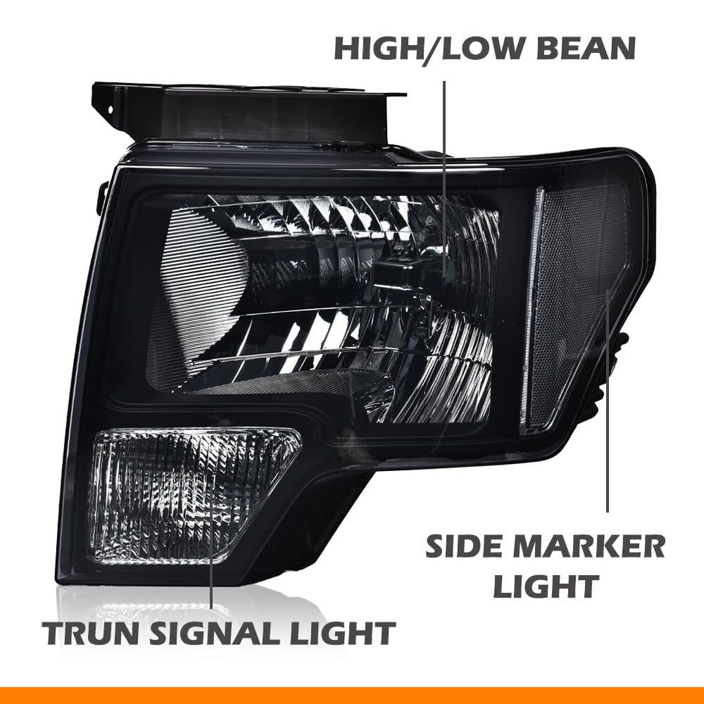 Headlights Pair for Ford F150 2009-2014 Smoky Lens Black Housing Clear Reflector