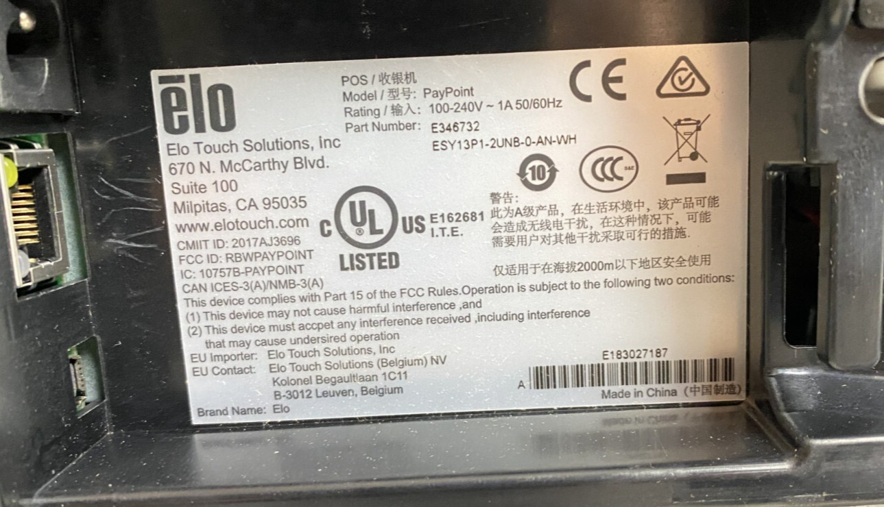 **NICE** ELO POS PAYPOINT TERMINAL MODEL# E346732 G180