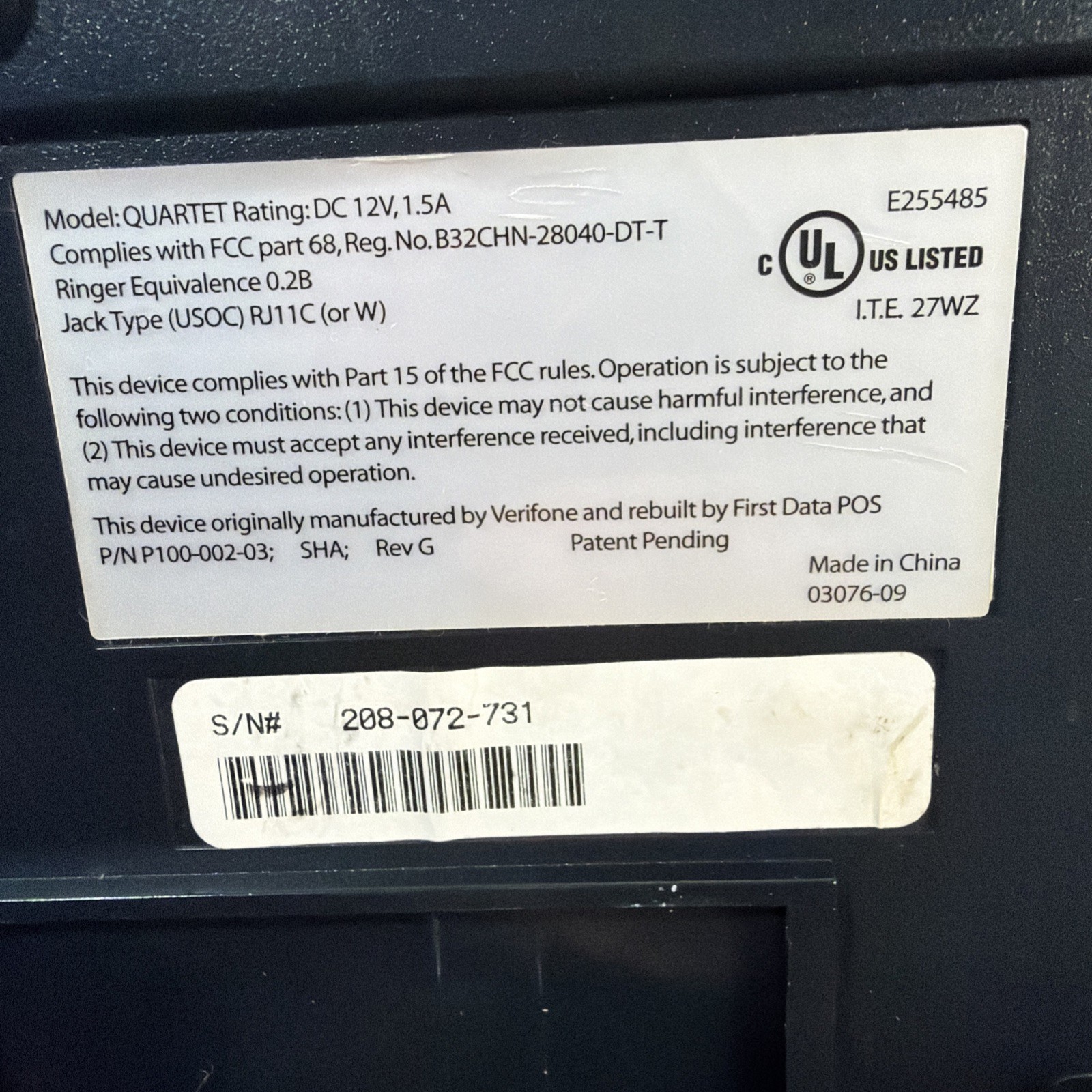 Verifone Eclipse Quartet POS Credit Card Check Terminal P100-002-03 TeleCheck
