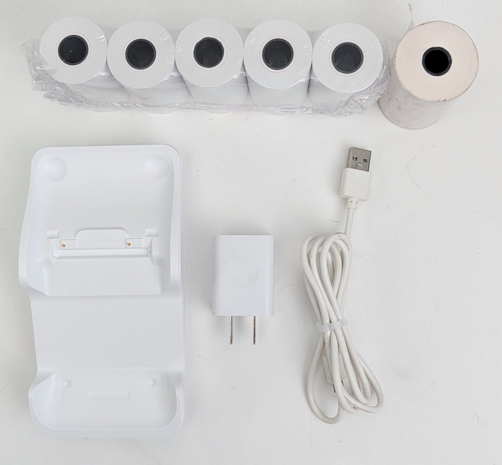 New, Open Box, PAX L920-BC Charging Dock with USB AC Adapter & 6 Rolls of Paper