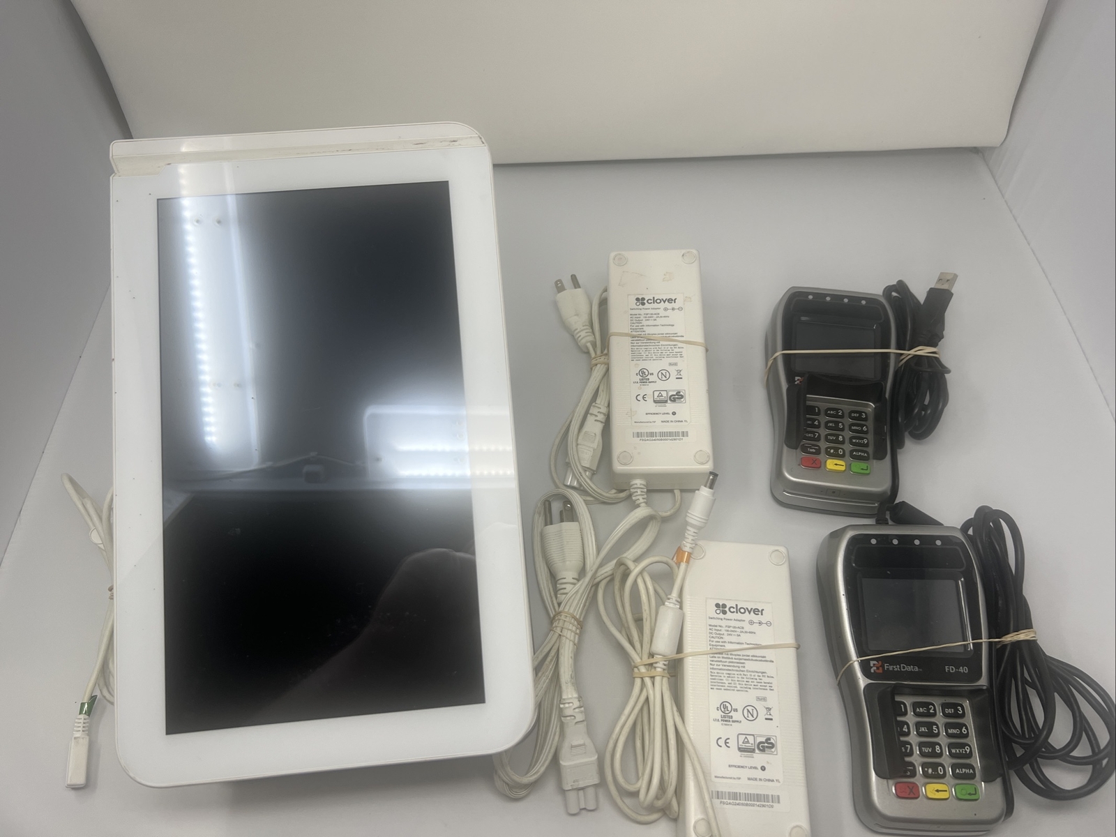 Clover C100 13″ POS 2 FSP-120 Power Cables 2 FD-40 Credit Card Terminals AS-IS