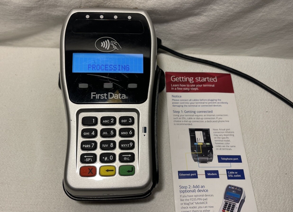 First Data FD-35 Credit Card Reader EMV NFC Pin Pad DRE3-4 W/Base *Fast Shipping