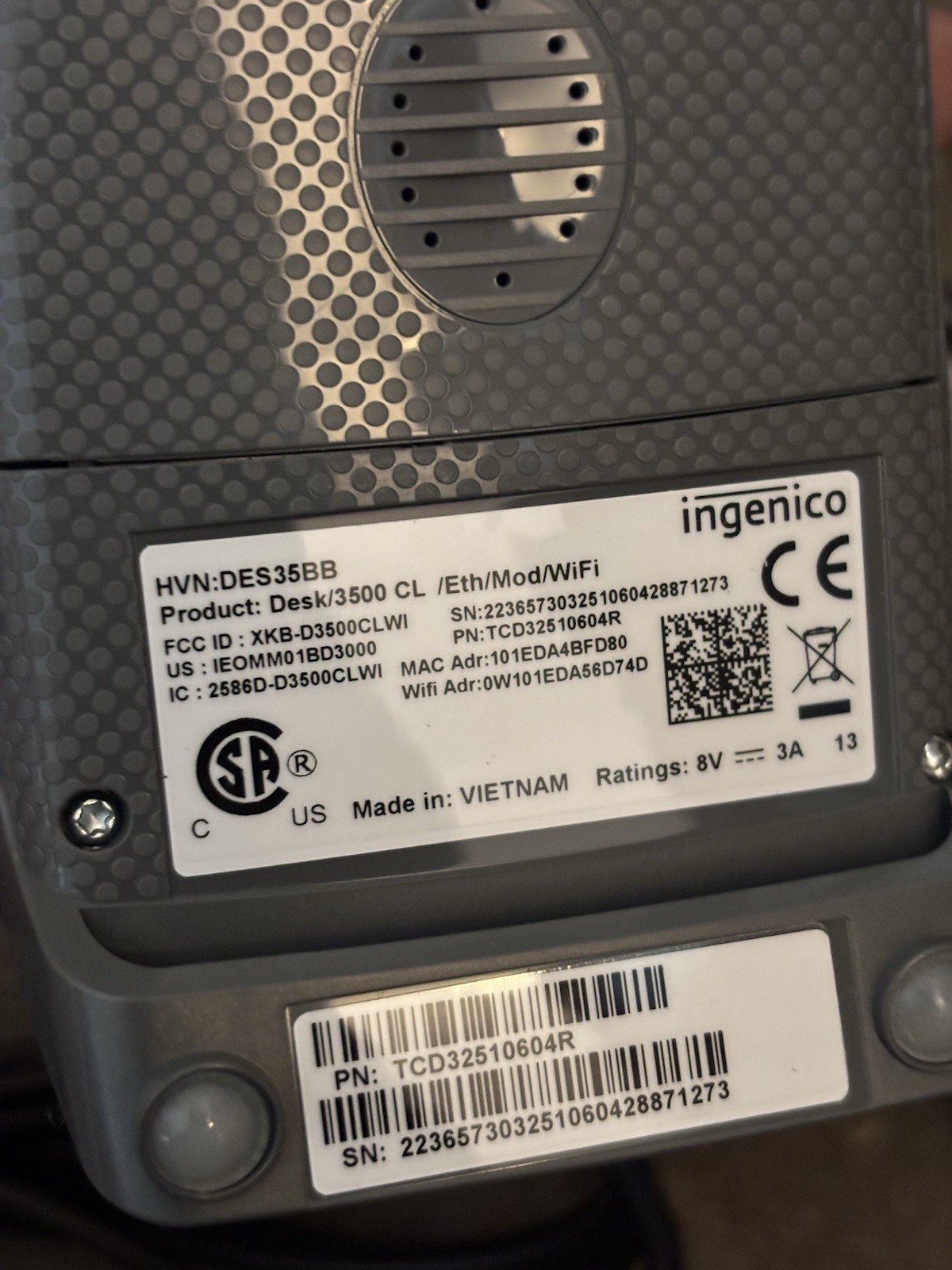 Ingenico Desk 3500 Series Card, Chip Reader Eth/Mod/WiFi DES35BB **PARTS**