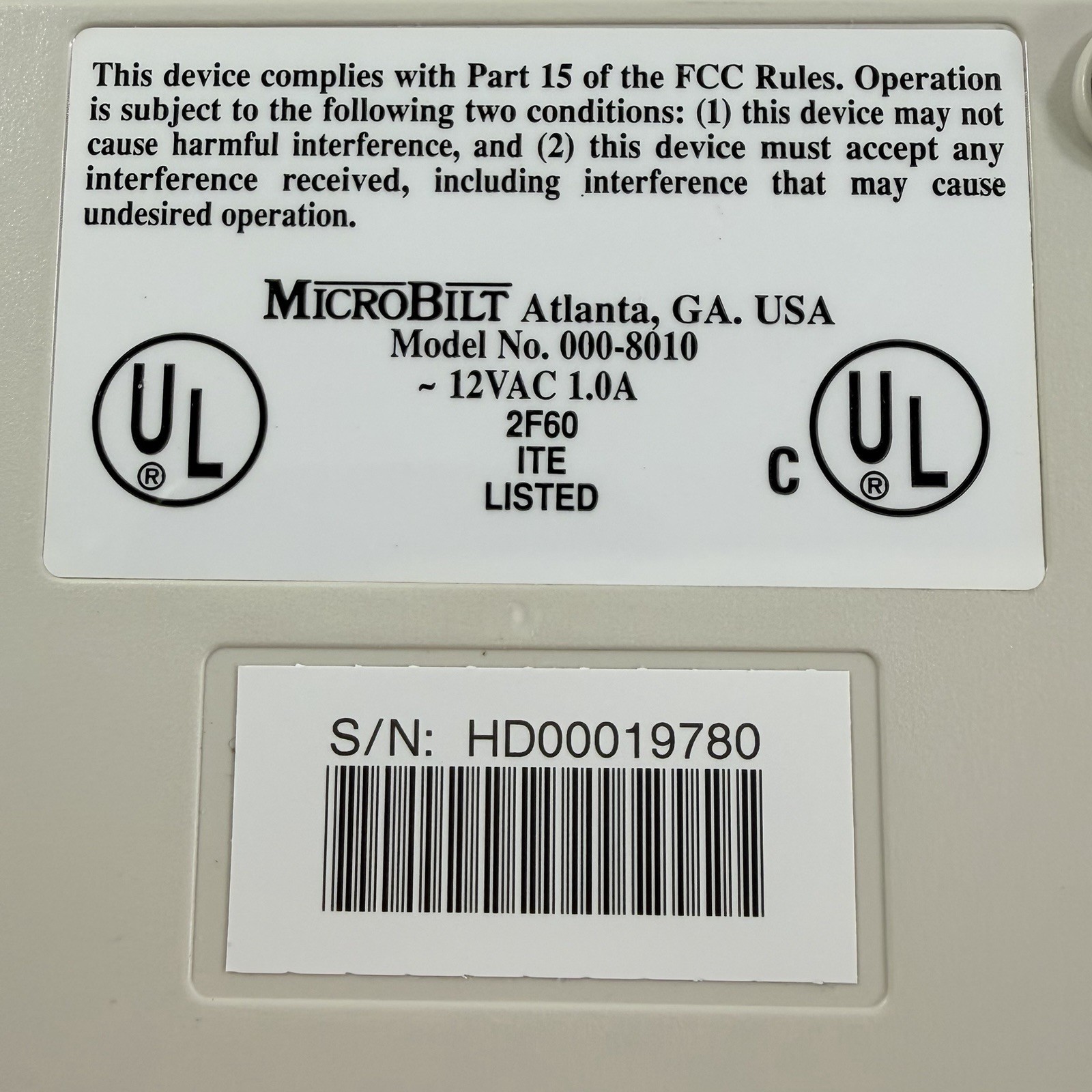 MicroBilt Model 000-8010 Magnetic Strip Credit Card Reader W/ Power Supply