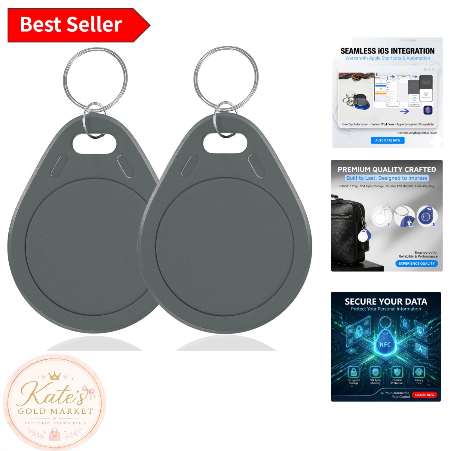 Dual NFC Tags – 504 Bytes Memory, Black Keychains Compatible with iOS/Android