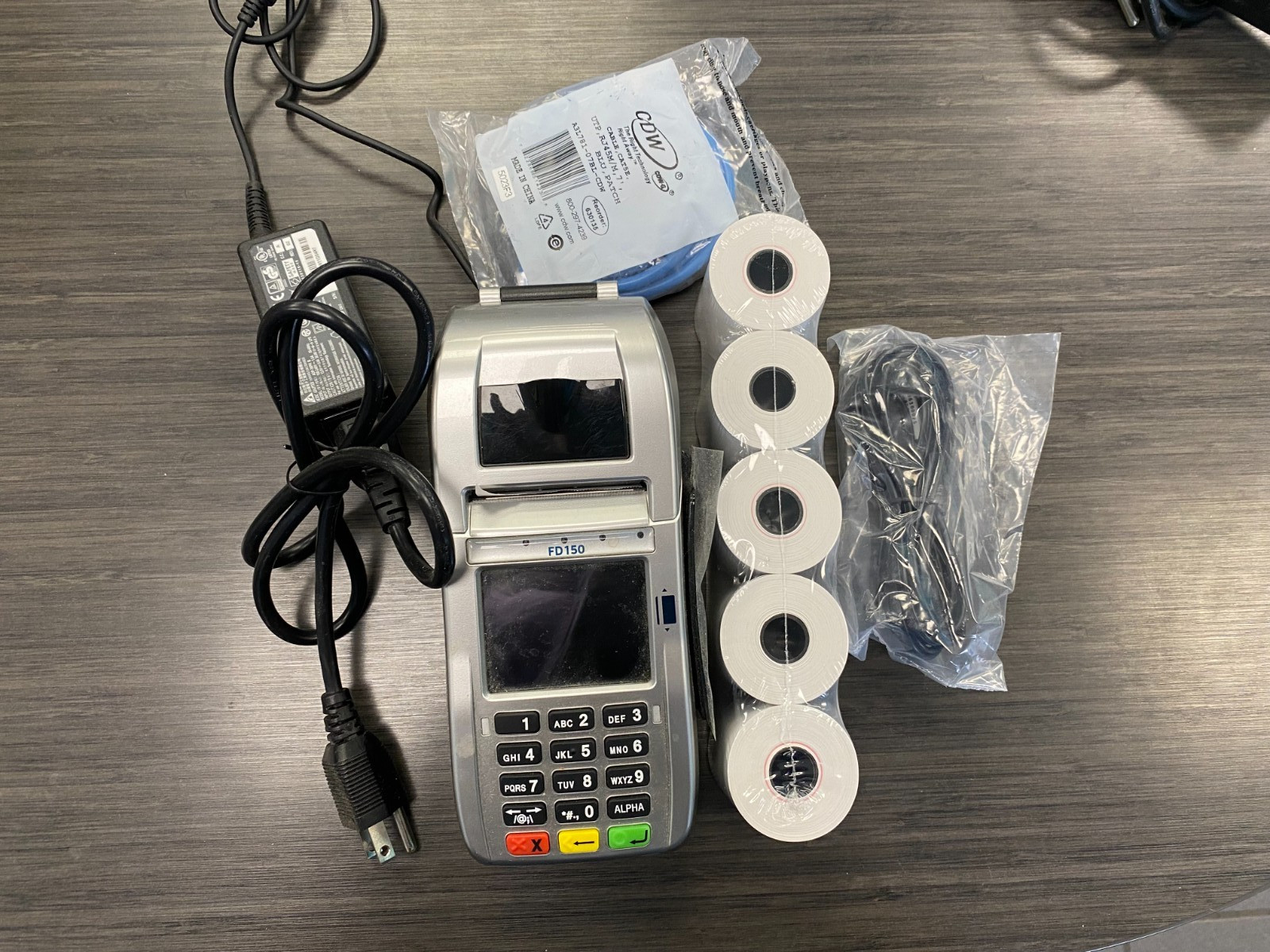 Used FirstData FD150 Credit Card Terminal untested wifi wire power supply paper
