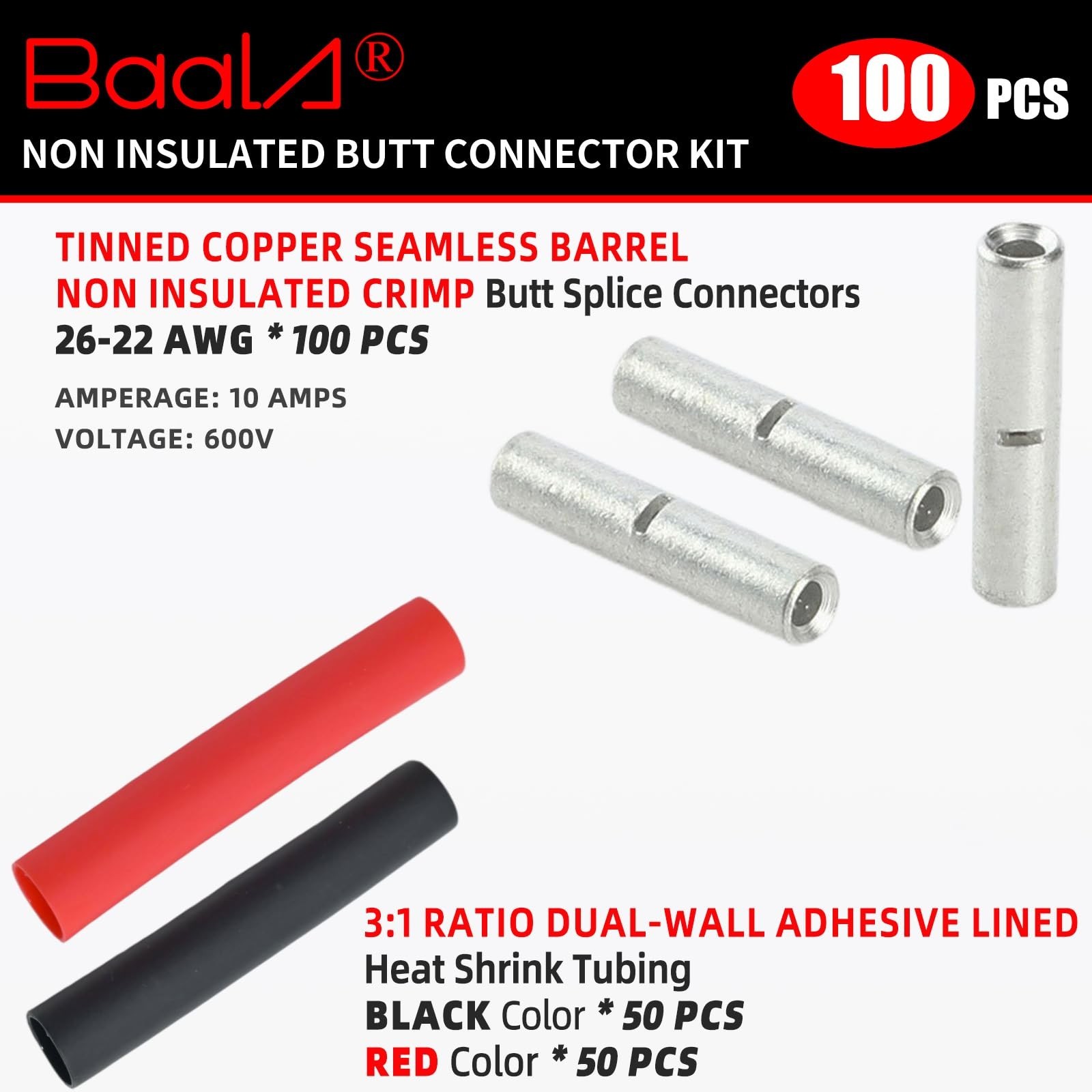 BAALA 100 PCS 26-22 Gauge Non-Insulated Butt Connectors Kit Tinned Copper, 10…