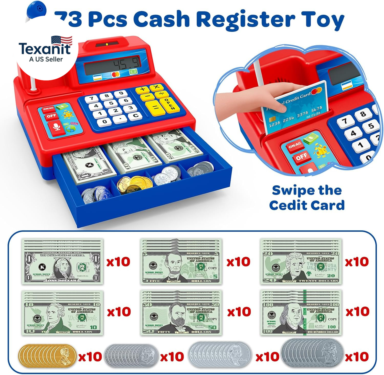 Calculator Cash Register – 103 Pcs Toy Cash Register, Microphone, Credit Card an