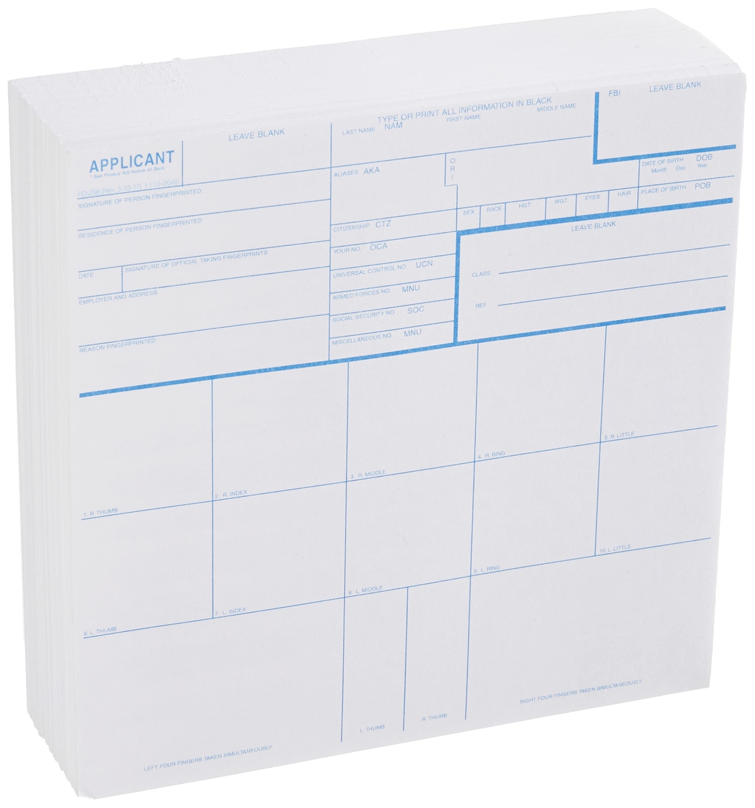 FD-258 Fingerprint Card – Blue, 250 Pack (Blue, 250)