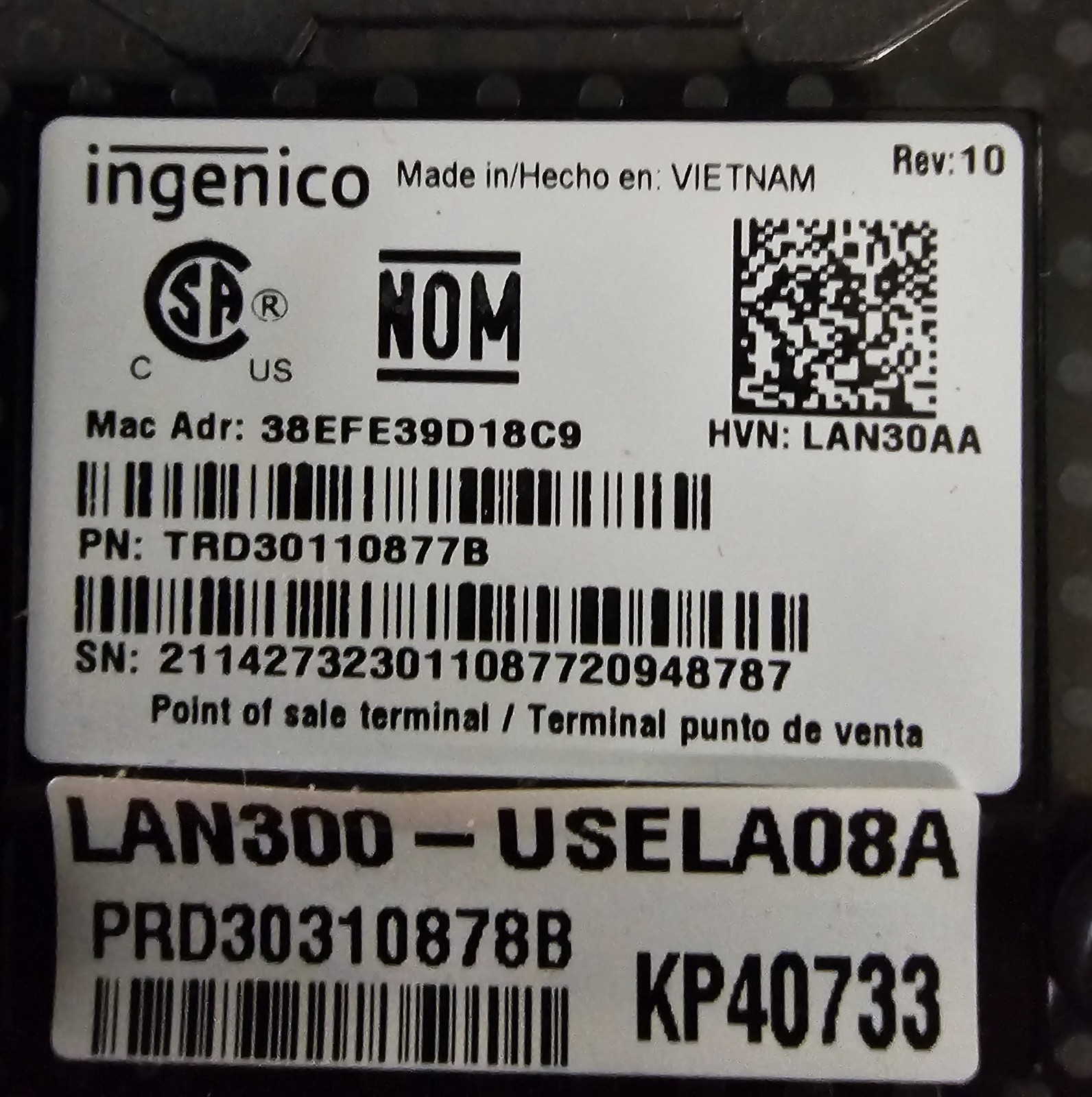Ingenico Lane/3000 USB Credit Card Reader Point of Sale POS Terminal