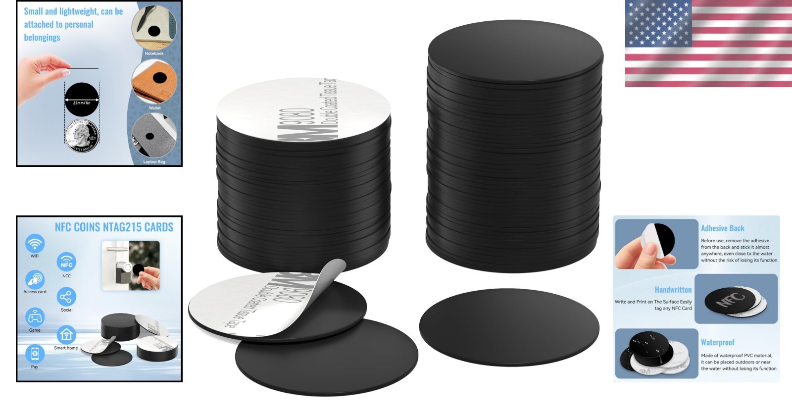 Versatile Waterproof NFC Coins – 100 Black 13.56MHz Adhesive Tags for Android