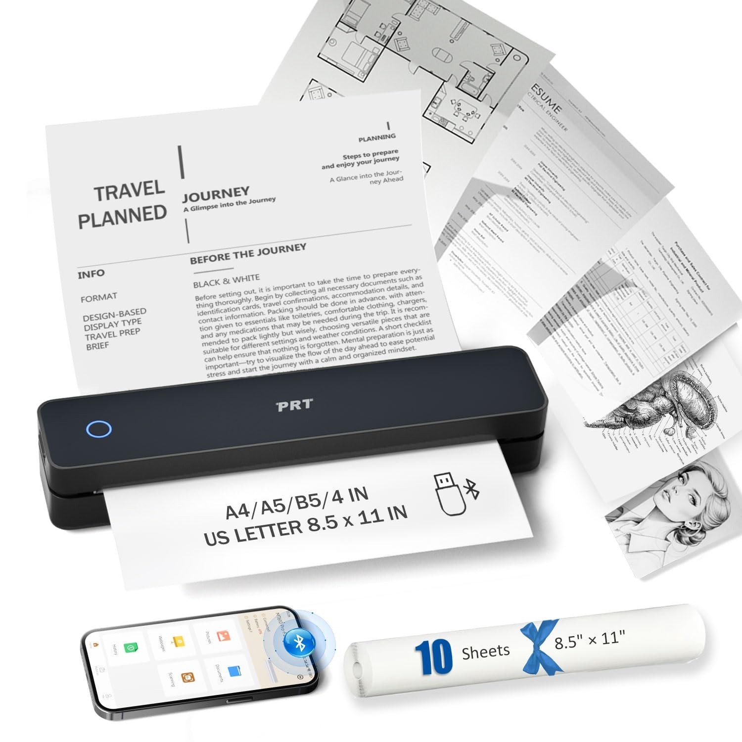 PRT Inkless Portable Printer, Wireless Thermal Printer for Travel Support 8.5…