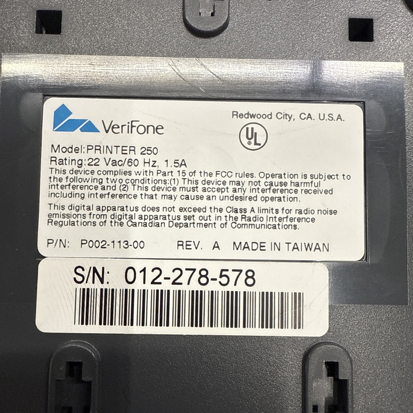 Verifone 250 Printer with Power Adapter Cord and Communication Cable